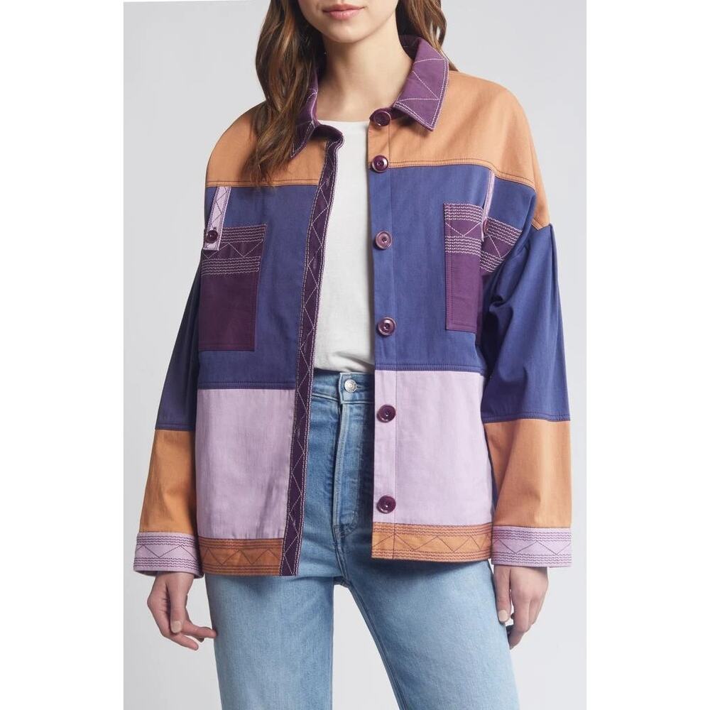 NWT Sessùn Alghero Patchwork Colorblock Cotton Jacket  Purple Tan Lavender Large
